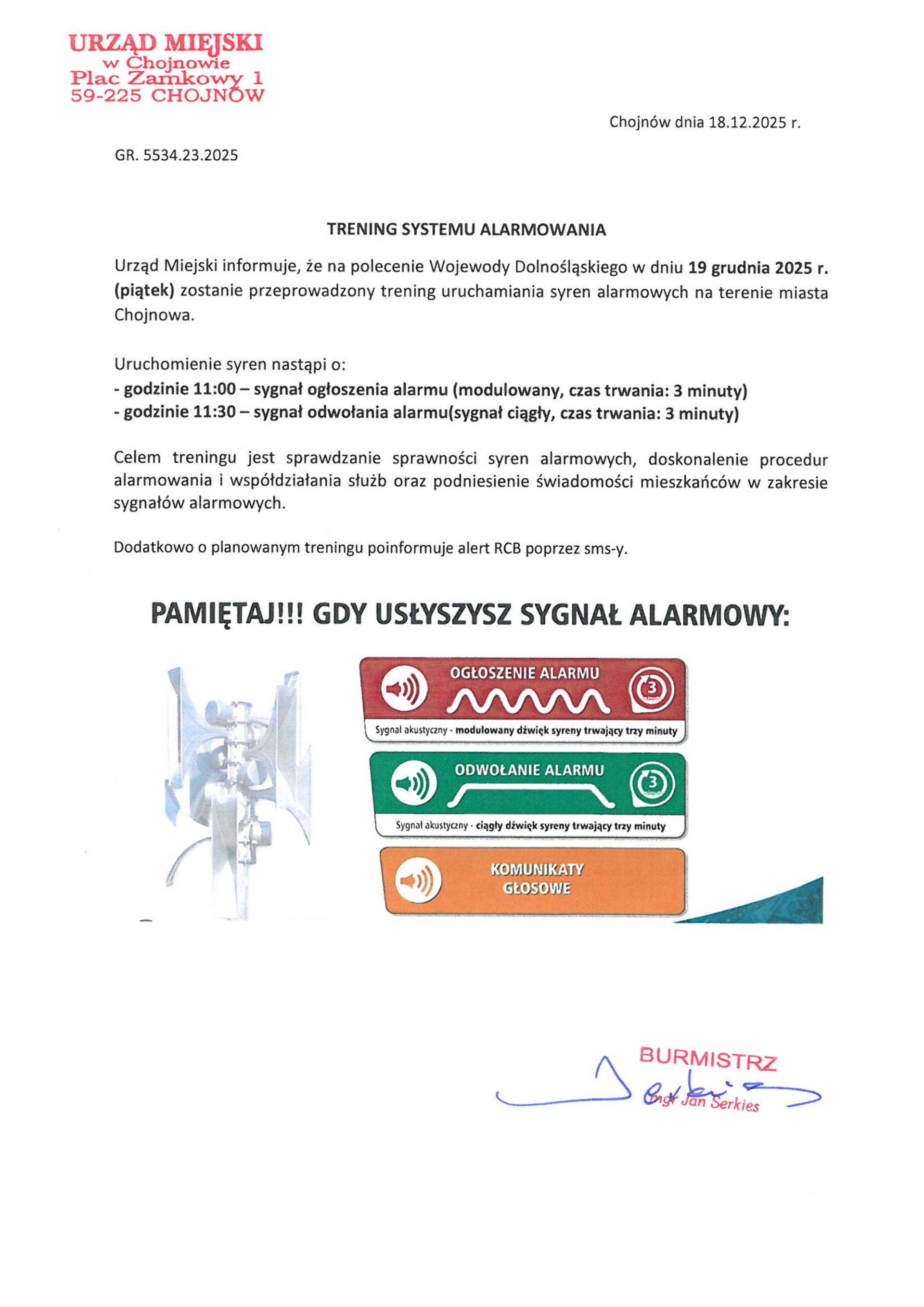 Trening systemu alarmowania.