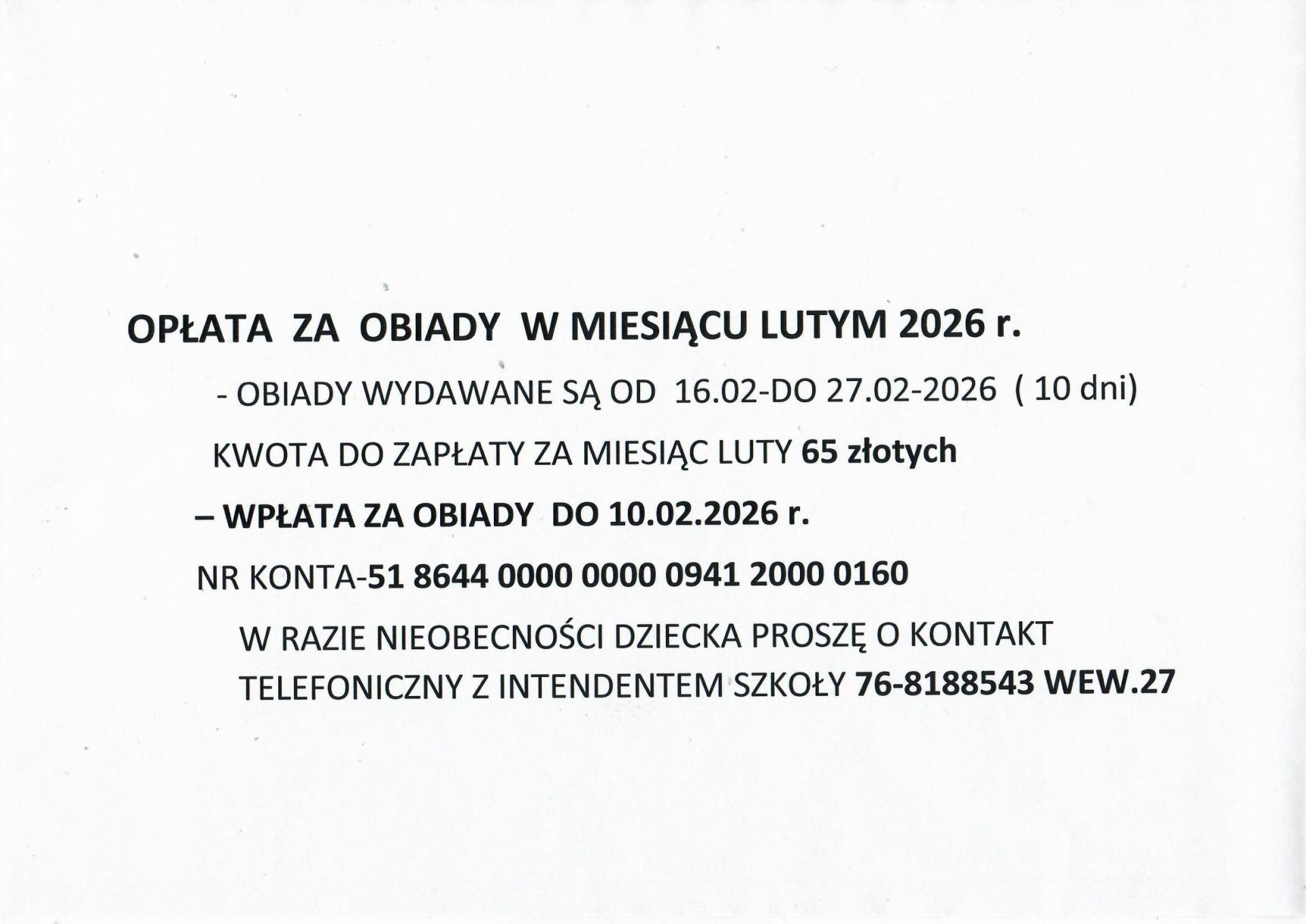 Opłaty za lutowe obiady.