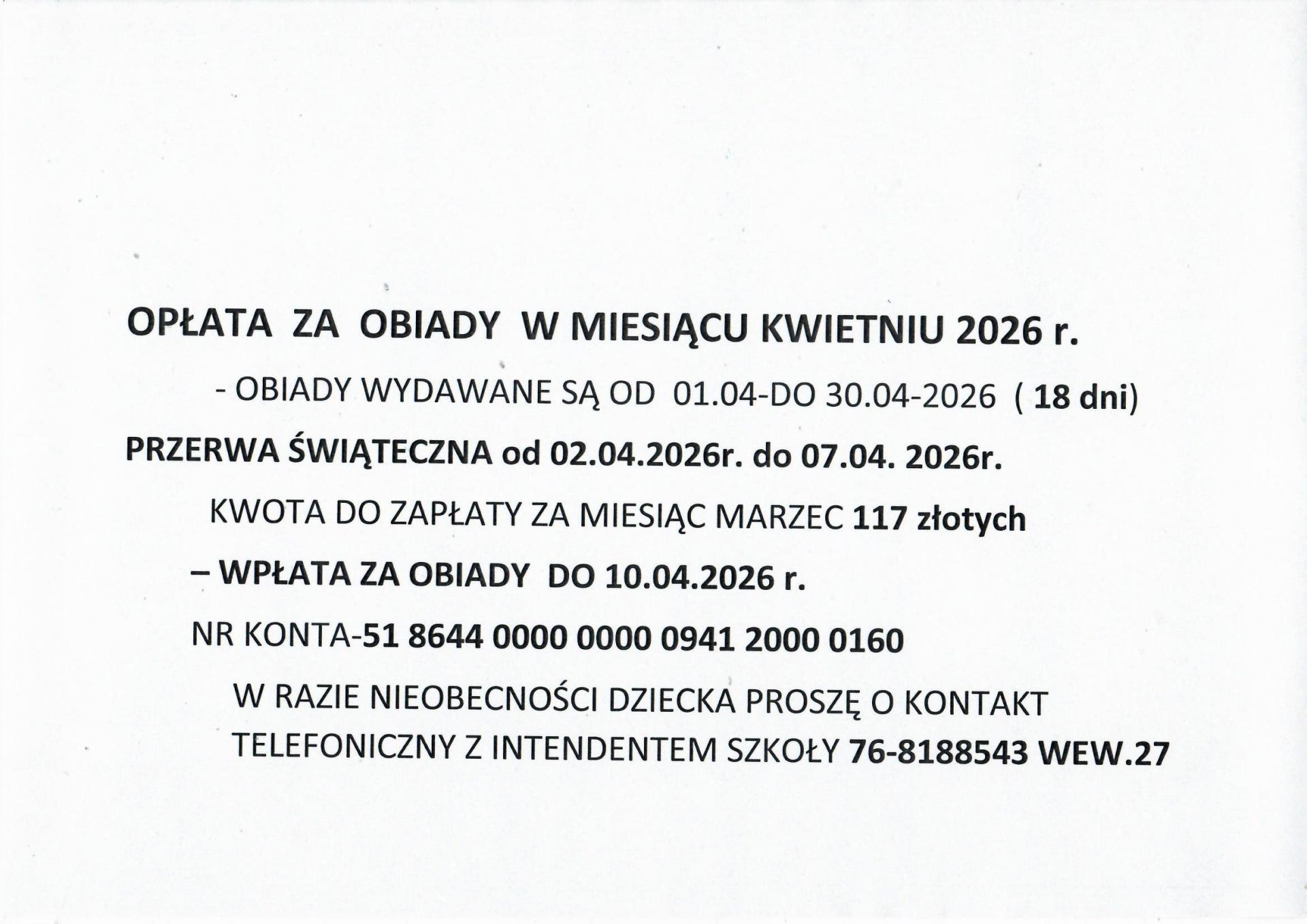 Opłaty za obiady w kwietniu.