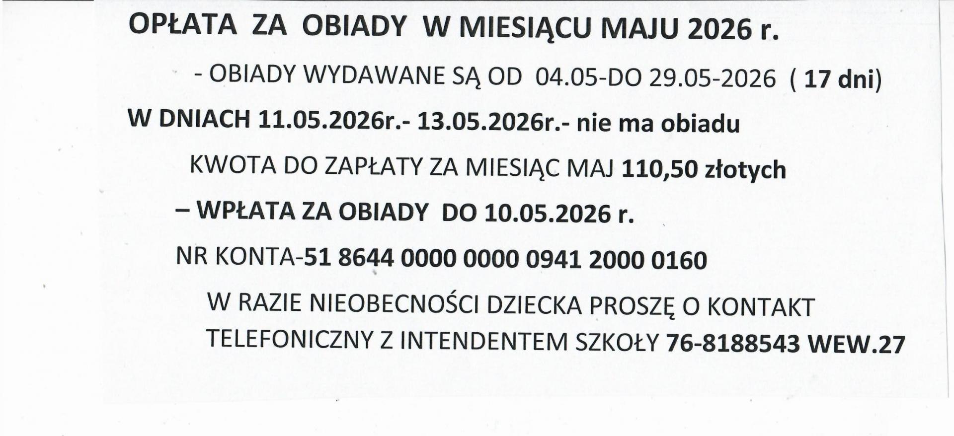 Opłaty za obiady w maju.