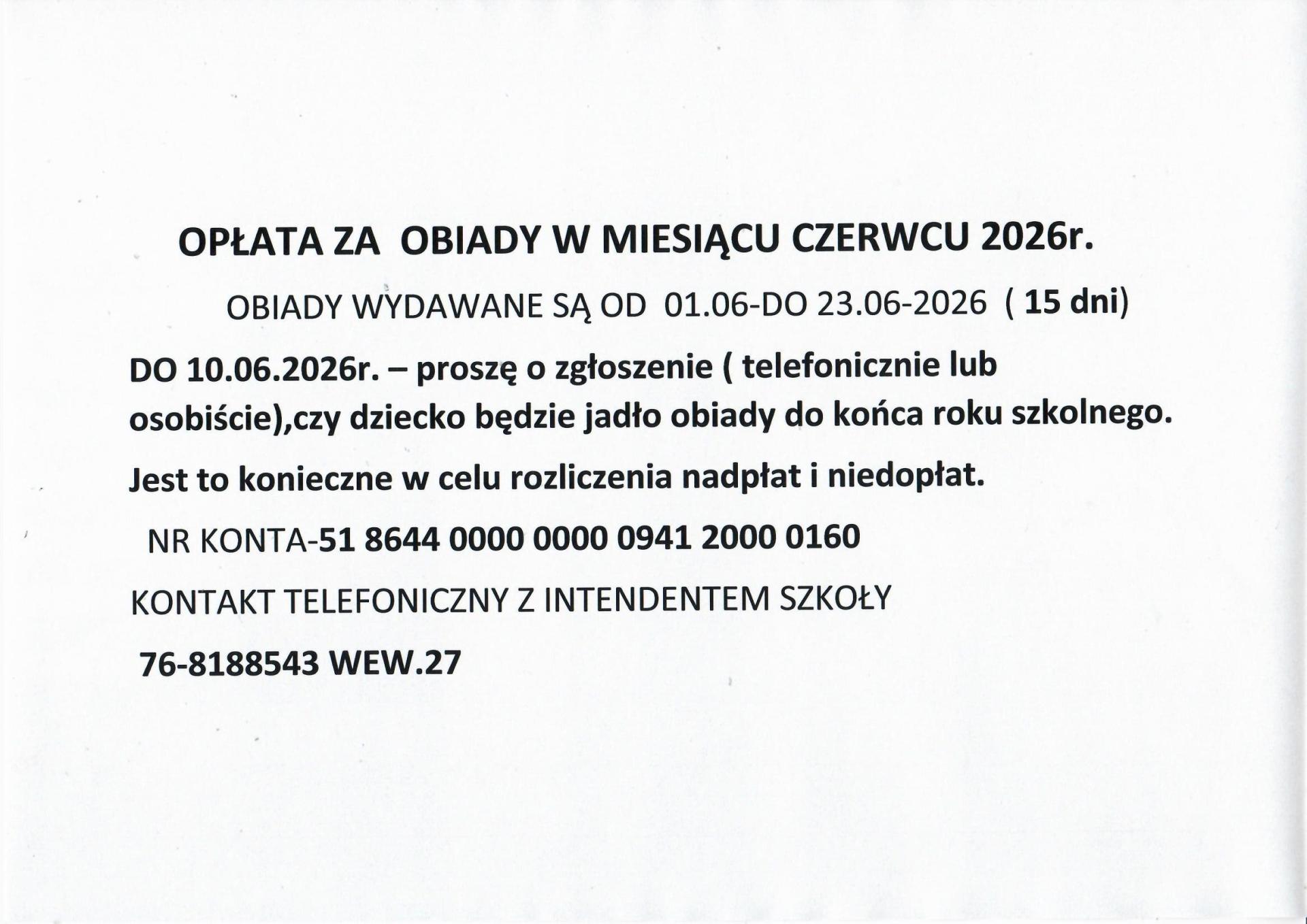 Opłata za obiad w czerwcu.